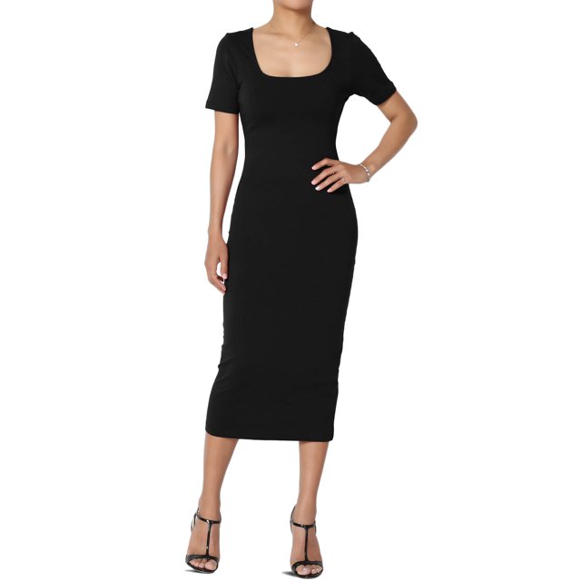 TheMogan Robe Midi Moulante Crayon en Coton Extensible à Manches Courtes et Encolure Carrée pour Femmes P-TG