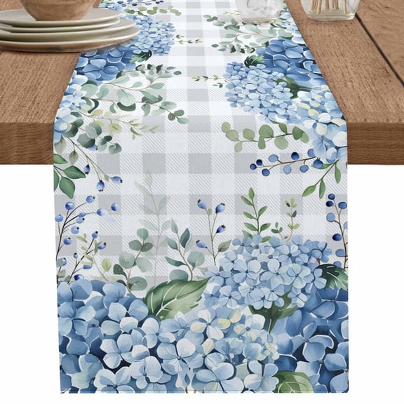 Farmhouse Blue Hydrangeas Flower Leaves Table Runner-70 Inch Long Grey White Plaid Table Runners Linen Burlap Tablerunner for Kitchen Dining Room Holiday Party