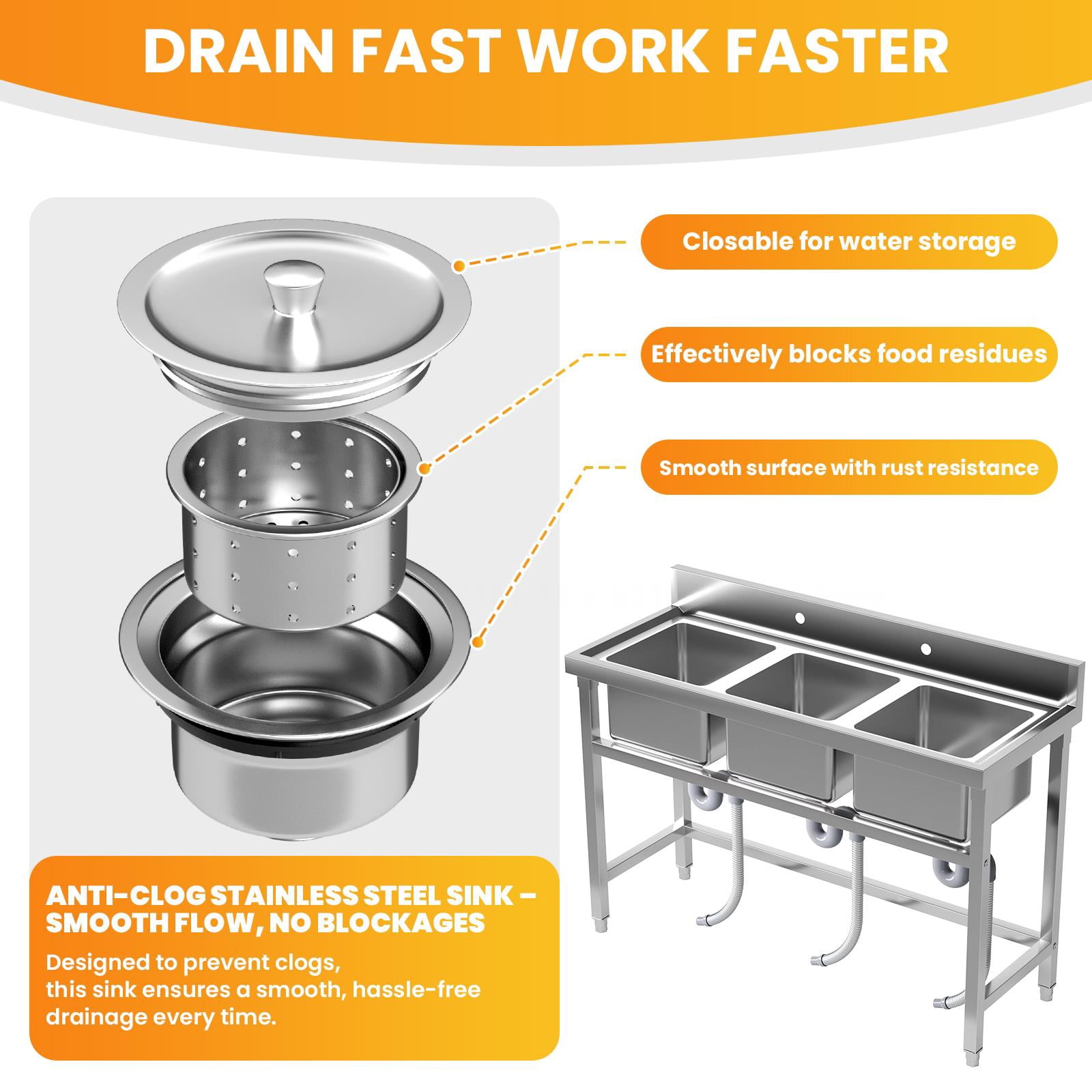 Zhuotong51" 3-Compartment Commercial Sink, Heavy-Duty Stainless Steel Free Standing Sink with Backsplash, Utility Sink for Restaurant, Kitchen & Garage