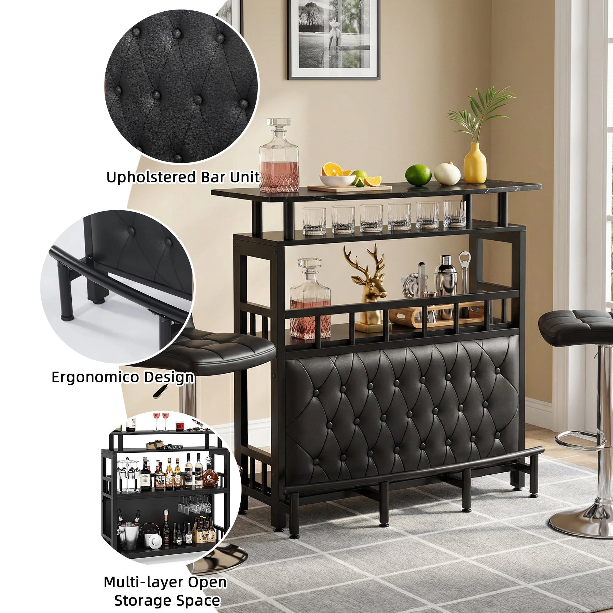 MAYEERTY Curved Counter Home Bar Table, Liquor Storage Bar Unit with Black Rail Guard Adjustable Feet for Indoor Entertainment
