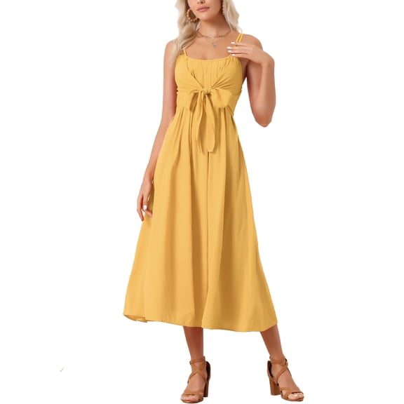 INSPIRE CHIC Women's 2024 Summer Boho Maxi Dress Casual Sleeveless Spaghetti Strap Tied Waist Flowy Long Maxi Dress XS Yellow