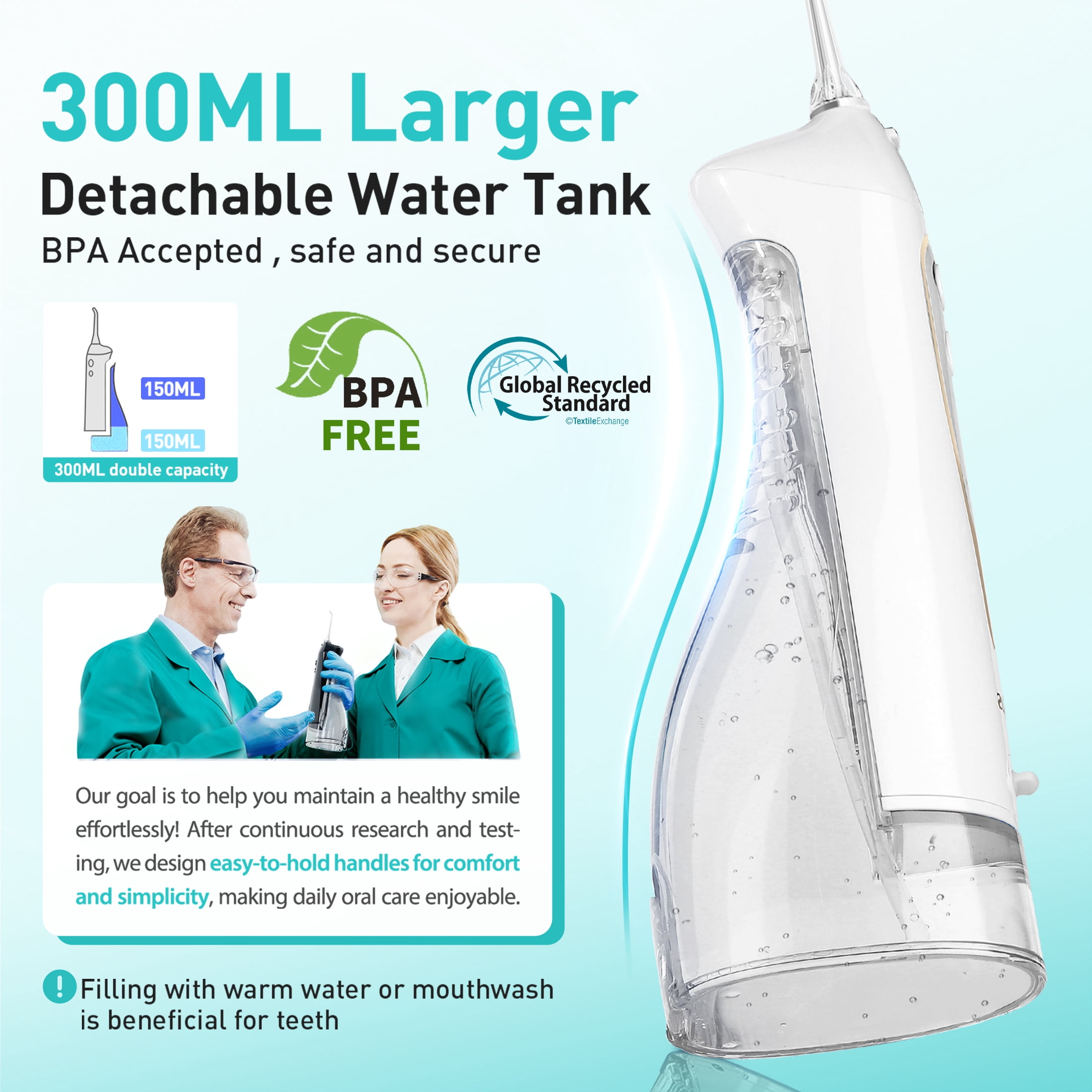 COSLUS CX20 Water Dental Flosser Teeth Pick,300ML Tank IPX7 Waterproof Portable Rechargeable Water Flosser Dental Oral Irrigator for Home and Travel White