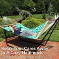 thumbnail image 3 of Sunnydaze 2-Person Quilted Polyester Spreader Bar Hammock, 450 lb - Green Palm Leaves, 3 of 11