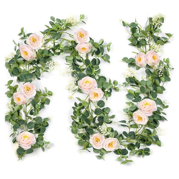 Paquete de 2 Guirnaldas de Eucalipto con Rosa ChampáN, Guirnalda Verde una Granel de Seda Artificial Floral Hojas de Eucalipto Vides (B)