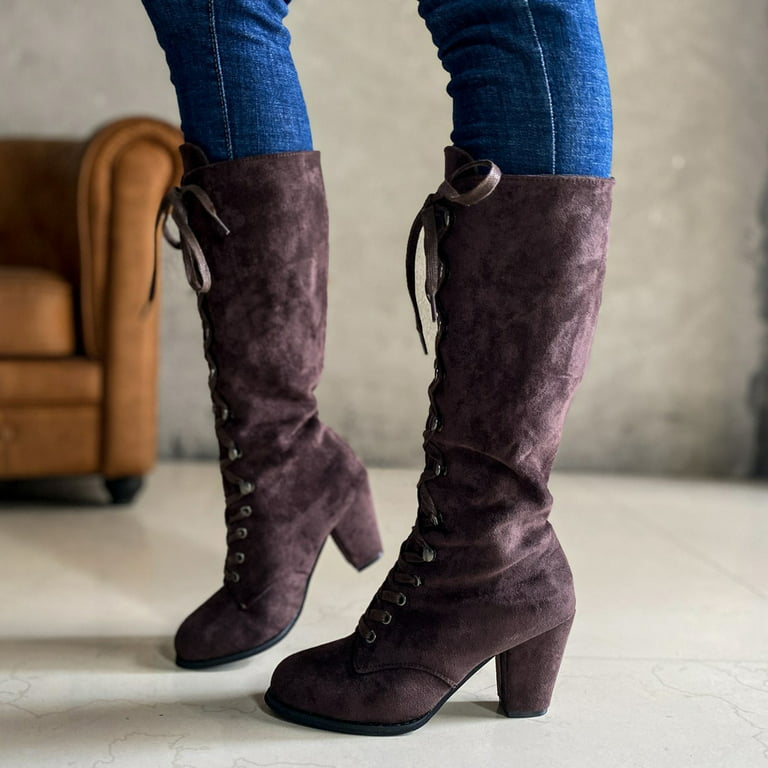Women Fashion Casual Vintage Boots Female Ladies Leather Long Boots Over  Knee Boots In Brown Shoes Chunky Heel High Heels