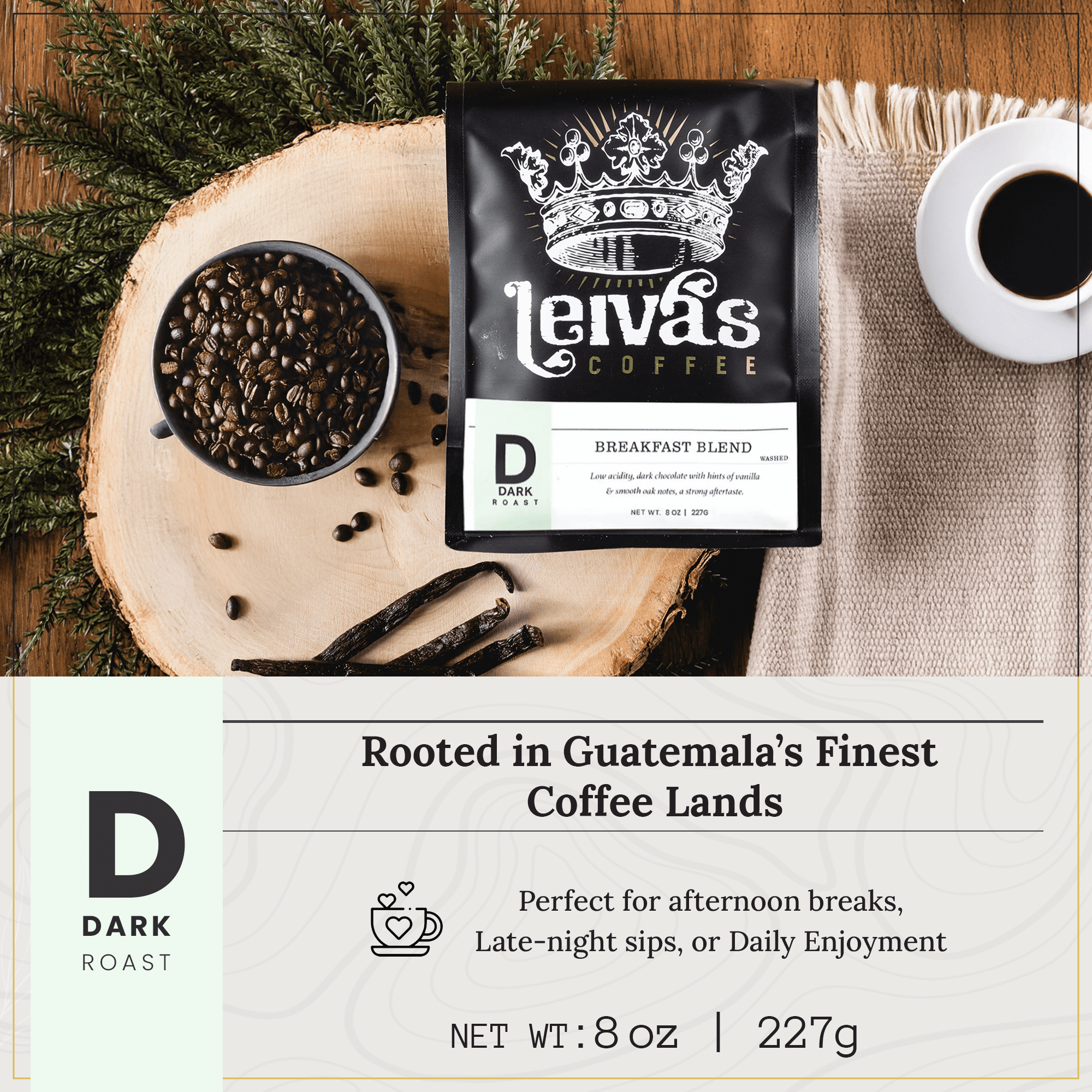 LEIVA'S COFFEE - Whole Beans Dark Roast - Breakfast Blend - Bold, Full-Bodied Flavor - Energizing and Satisfying - 8oz (2 Pack)