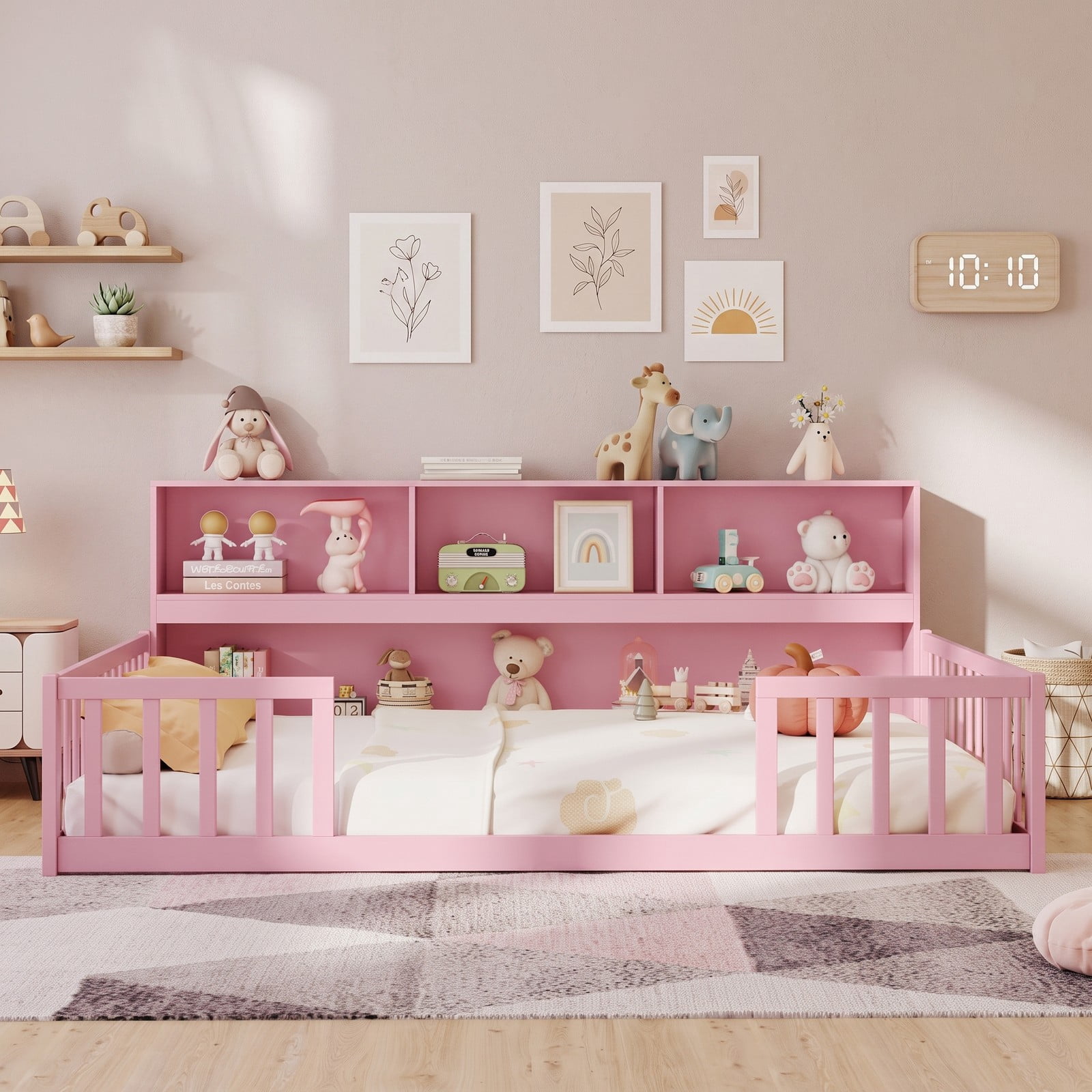 Furnibear Full Size Montessori Floor Bed Frame with Bookcase Headboard and Full Length Fence Rails, Full Bed Frame for Kids Bedroom, Pink