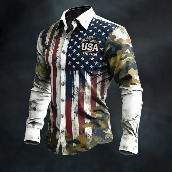 Mens 250 Anniversary USA Shirt Long Sleeve Patriotic Button Down Tee Independence Day Casual Shirts for Men Army Green L