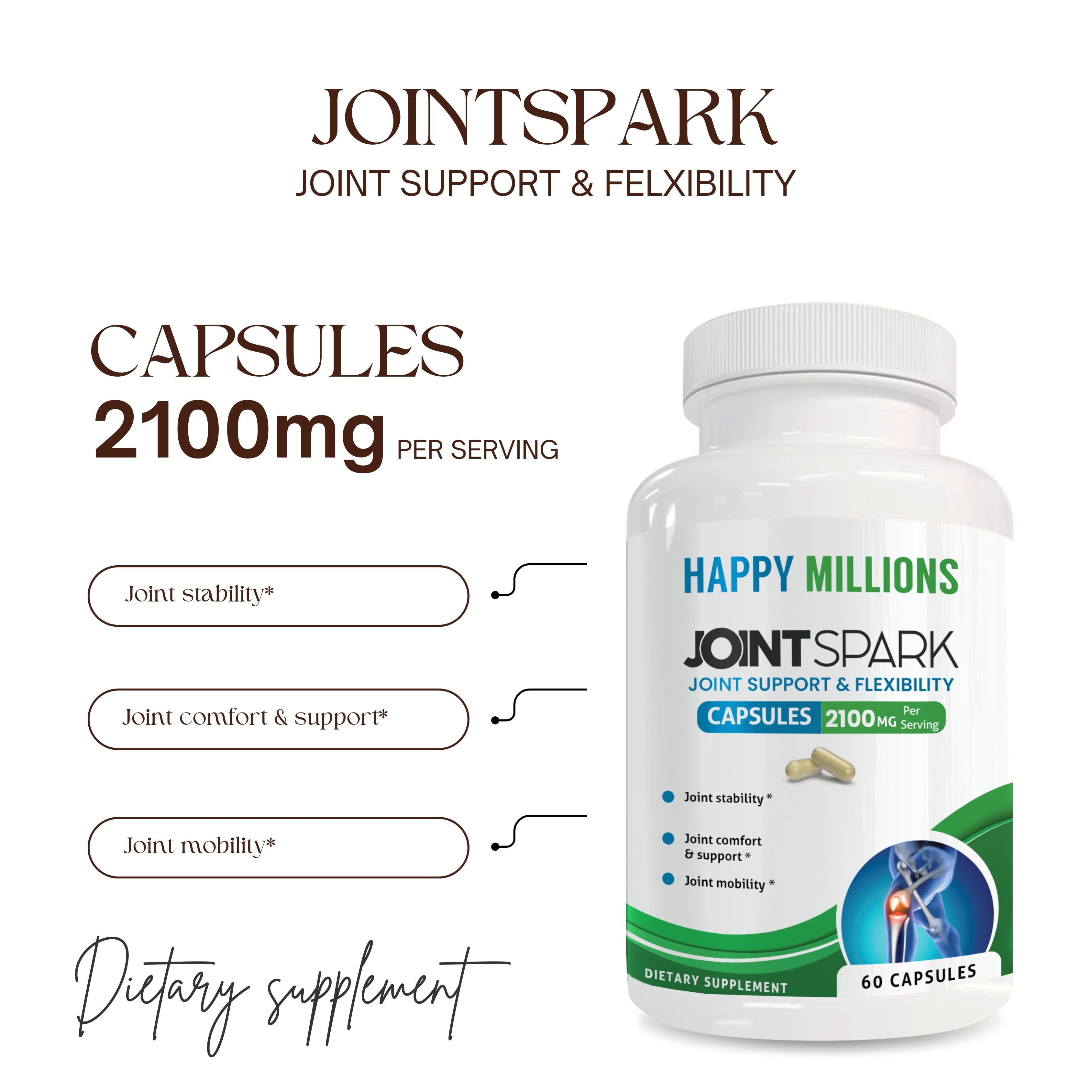 Happy Millions JointSpark Glucosamine  Boswelli Chondroitin Dietary Supplement for Joint Health 2100mg, 60 Capsules Non-GMO, Gluten-Free