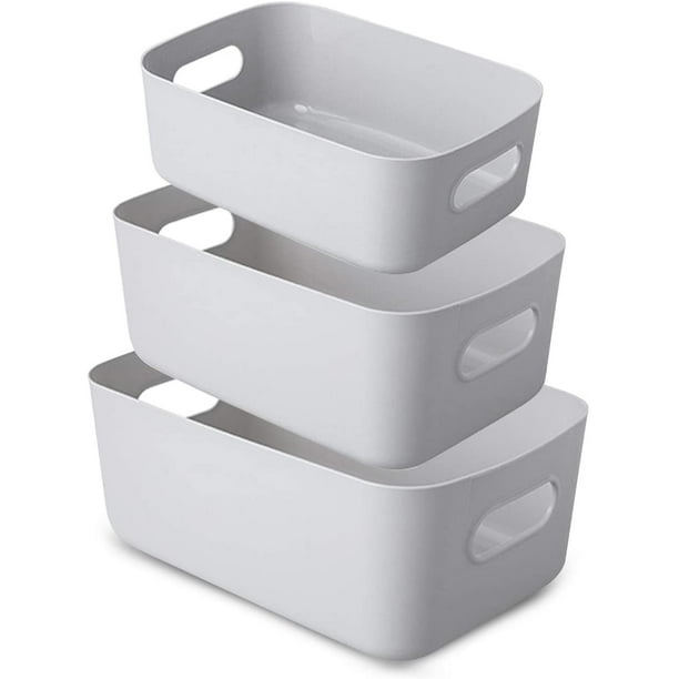 Juego de 3 cestas de almacenamiento de plástico blanco, cesta de almacenamiento de plástico, cesta de plástico con asa para armarios apilables, cocina, dormitorio, baño, oficina, 3 tamaños (gris) Vhermosa WLJ-3489