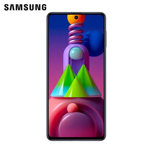 smartphone Samsung Galaxy M51 blanco, vista frontal centrada con pantalla Super AMOLED Plus Infinity-O de 6.7" y orificio para cámara frontal; marcos delgados y borde metálico visibles sobre fondo blanco minimalista; ficha técnica indica batería de 7,000 mAh, 6 GB RAM y 64MP Quad Camera; también suele usarse como pantalla multimedia portátil por su panel grande.