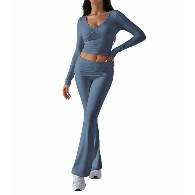 Conjunto Deportivo de 2 Piezas para Mujer, Camiseta de Larga, Pantalones Acampanados con Solapa, Chándal Informal, Gris y Azul Talla M