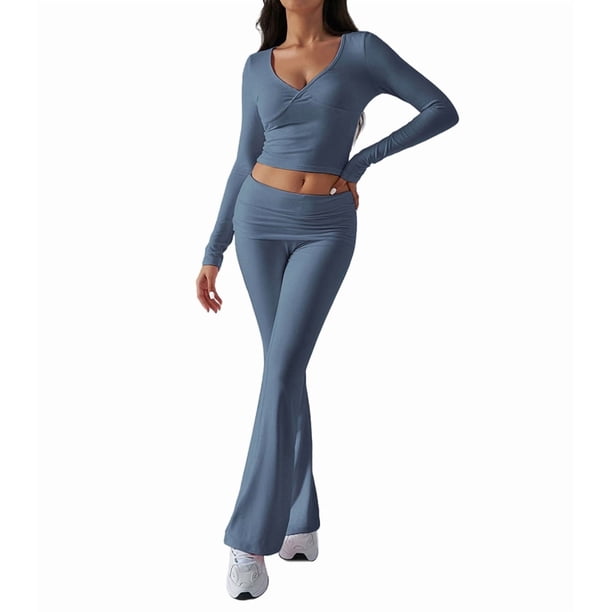 Conjunto Deportivo de 2 Piezas para Mujer, Camiseta de Larga, Pantalones Acampanados con Solapa, Chándal Informal, Gris y Azul Talla M