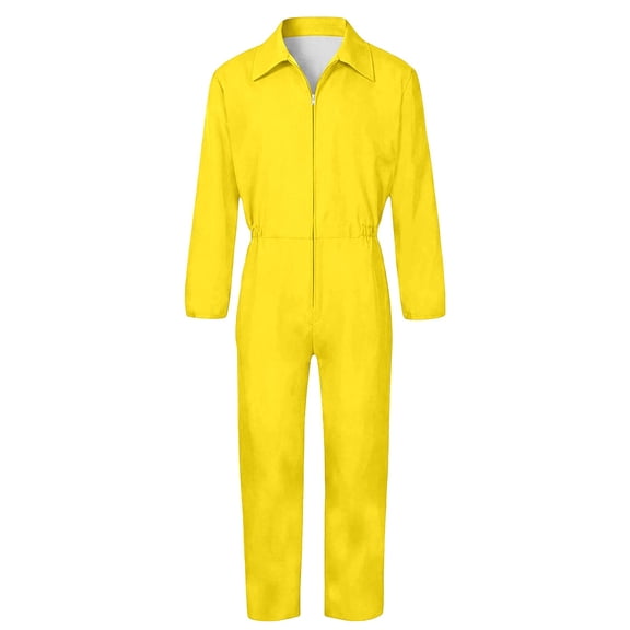 Norvella Mens Zip Front Coveralls Point Collar Long Sleeve Elastic Waist Jumpsuit Straight Leg Solid Full Length Work Outfit
