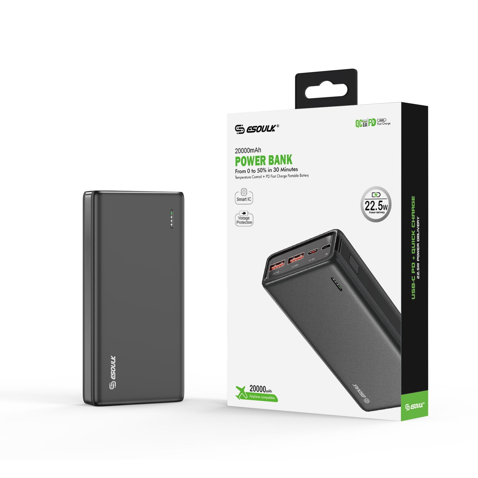 Esoulk 20000mAh PD 20W QC 22.5W Power Bank, Black Portable Charger