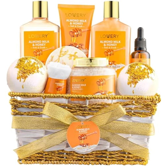 Gift Basket for Women - 10 Pc Almond Milk & Honey Beauty & Personal Care Set - Home Bath Pampering Package for Relaxing - Spa Self Care Kit - Thank You, Birthday, Mom, Anniversary