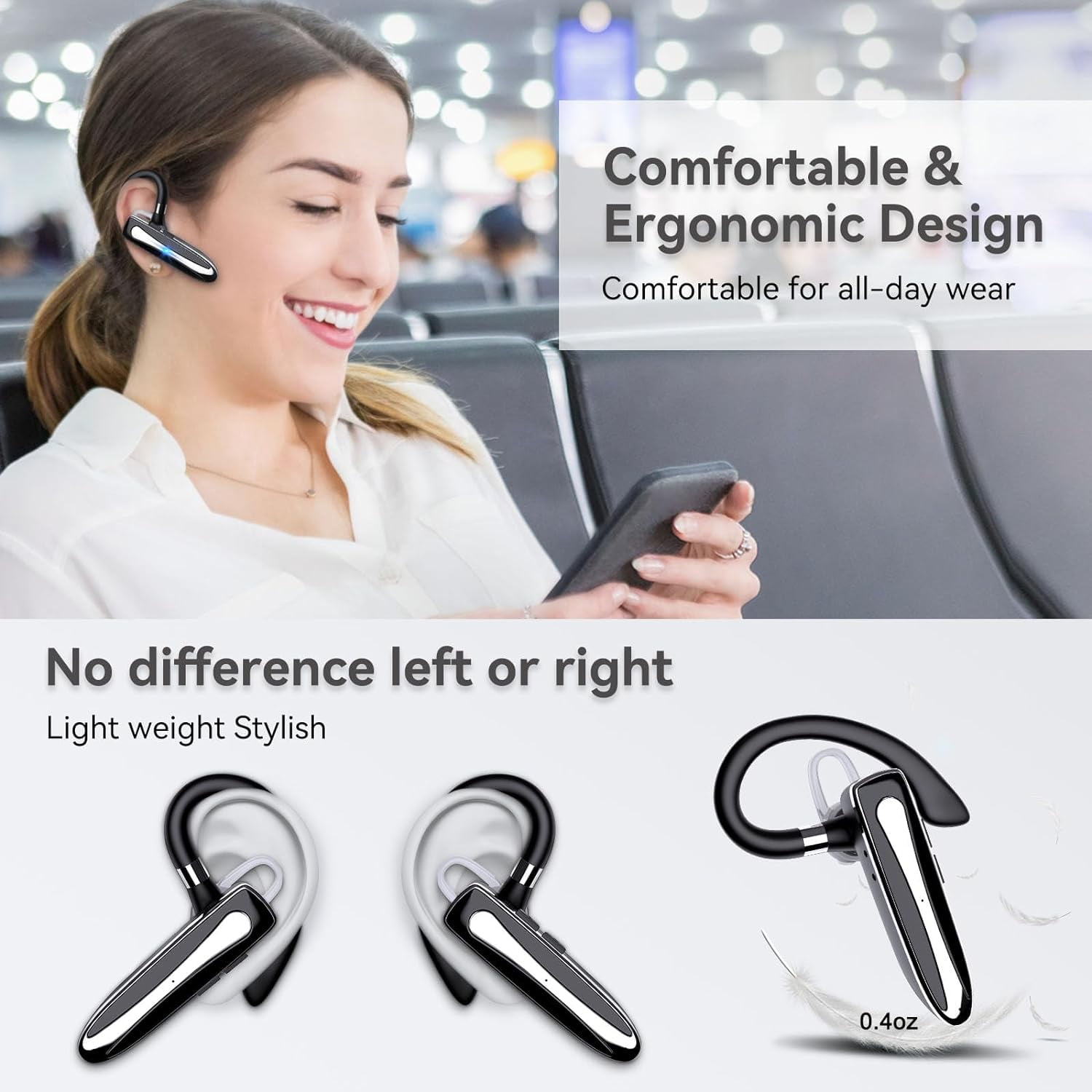 Bluetooth Headset Single Ear Business in-Ear Earbuds for Cell Phone, Wireless Earpiece Hands-Free Earphones,in Mic with Charging Case, for Office Working Driving Calling Compatible Android/iPhone