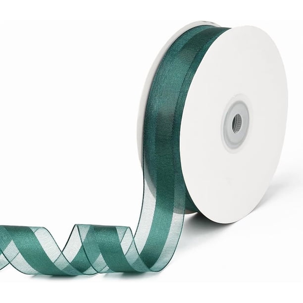 Cinta de organza transparente verde oscuro de 50 yardas y 1 pulgada de ancho con borde de satén, malla transparente, gasa a rayas, hilo de gasa, cintas a granel