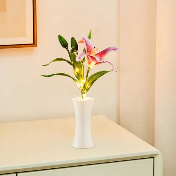 Artificial Pink Lily Flower Lamp, LED Decorative Light with White Vase, Battery Powered for Bedroom Living Room, Gifts for Women Mom Grandma Girlfriend on Birthday Christmas Valentines Mothers Day
