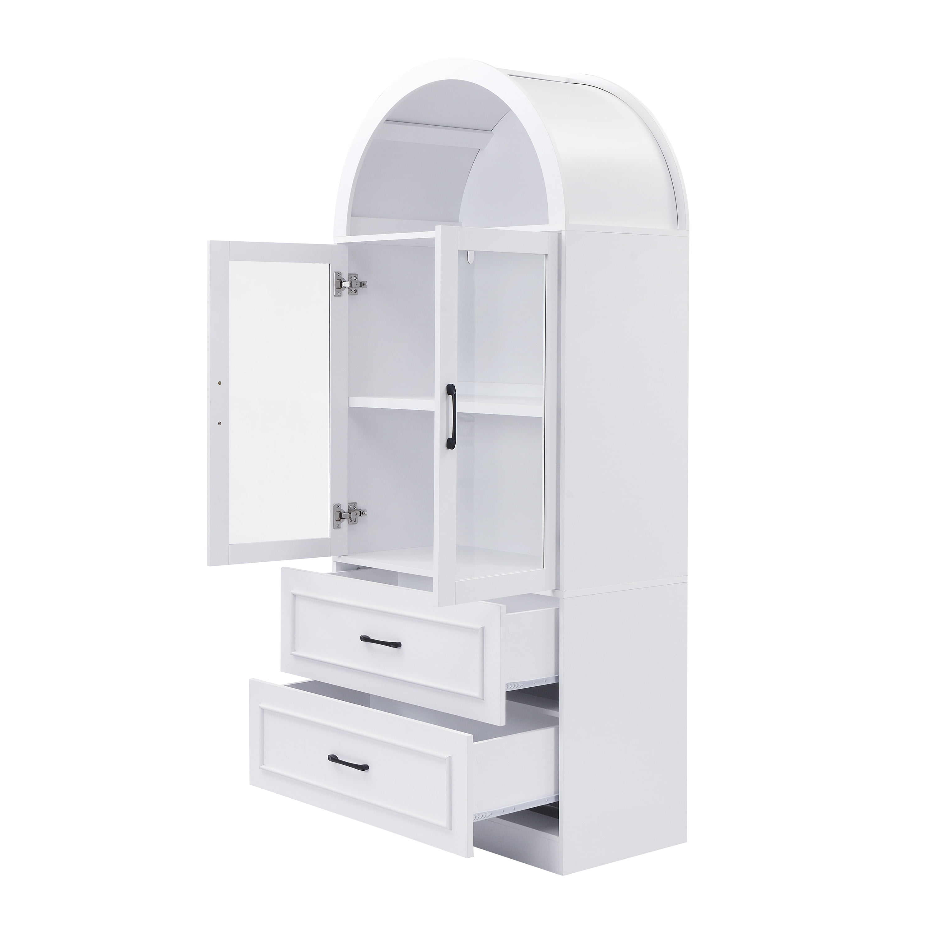 Euroco 71.25" Tall Arched Kitchen Pantry Cabinet,Farmhouse Wood Arched Storage Cabinet with Glass Door & 2 Drawers for Kitchen & Living Room,White