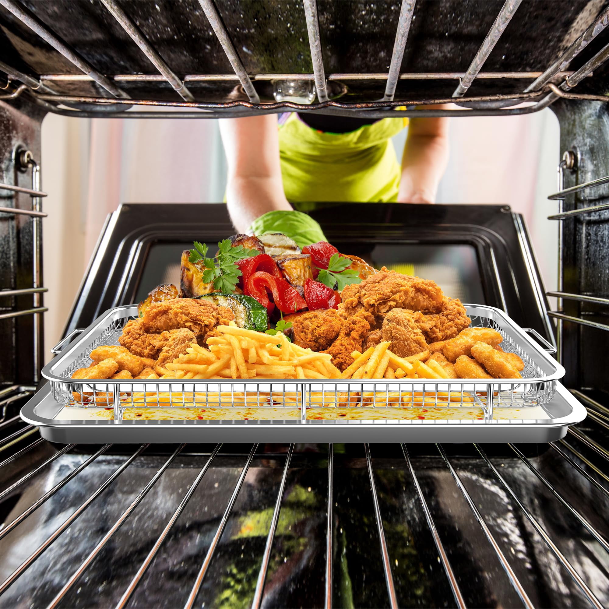 Air Fryer Basket for Oven,Oven Air Fryer Basket and Tray with 30 PCS Parchment Papers,2 Set Stainless Steel Air Fryer Pan and Crisper Tray for Baking Grilling XL(18.8" x 12.8" inch)