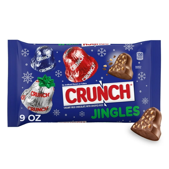 CRUNCH Jingles, Creamy Milk Chocolate MDA05 with Crisped Rice, Holiday Candy Individually Wrapped for Sharing, 9 oz