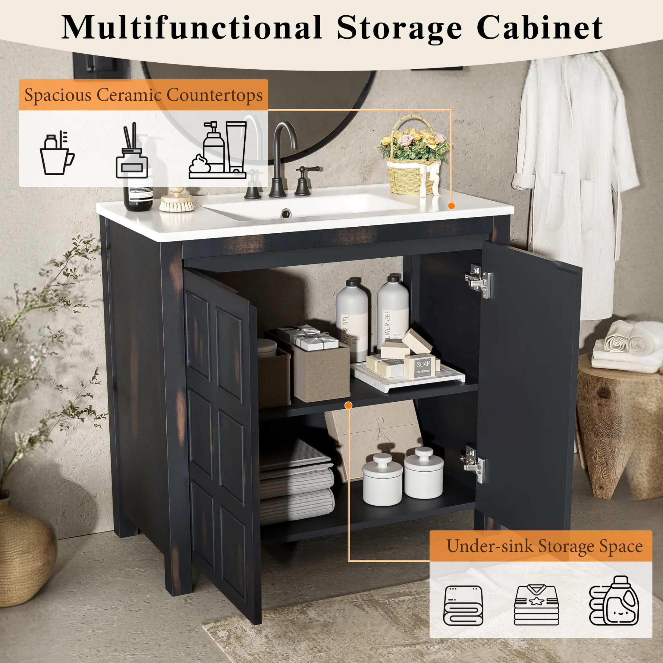 Noble House 72" Retro Dual Bathroom Vanity Set of 2, Ceramic Sinks, Soft-Close Doors & Adjustable Shelf, Espresso