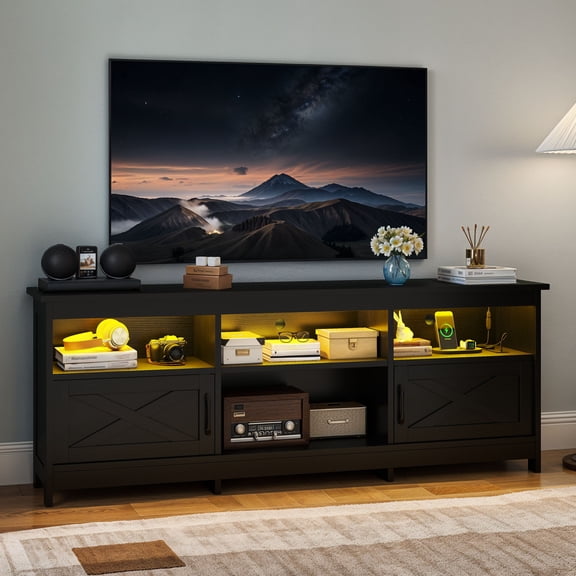Uforic TV Cabinet with Storage, LED Lights, and Power Outlet for Living Room, Bedroom, or Apartment for 65 Inch TVs, Black