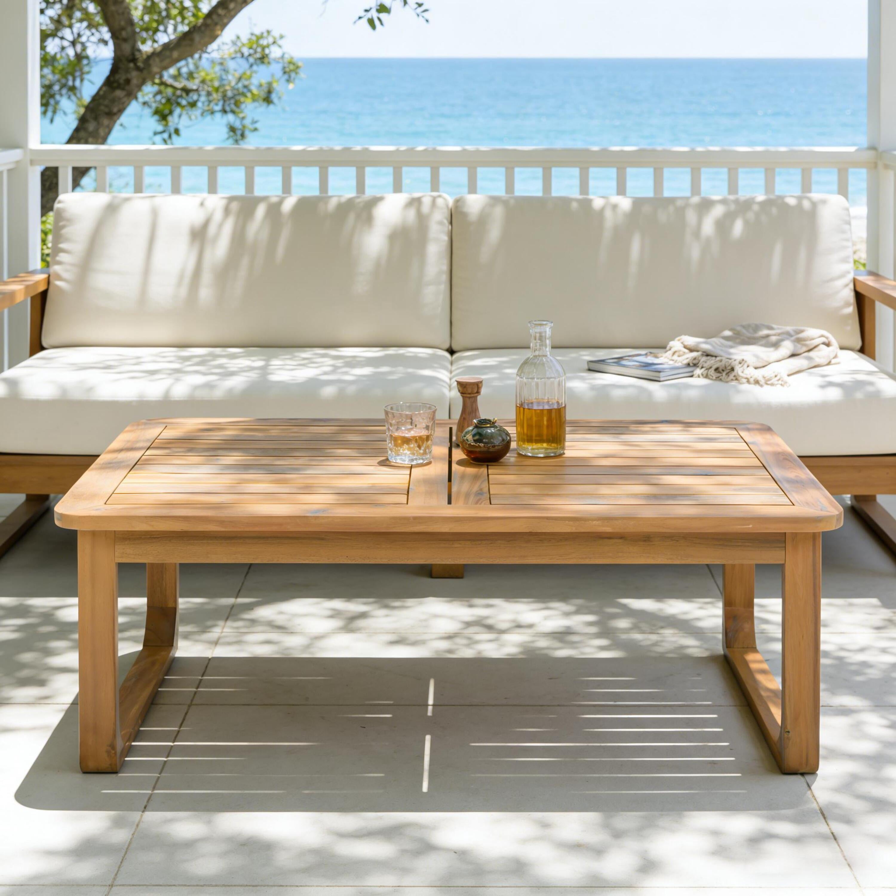 Coffee Table, Outdoor Rectangular Acacia Wood Patio Table with Curved Legs for Deck Garden, Light Teak