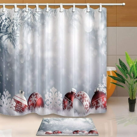 Out Door Settings ARTJIA New Year Decor Christmas Balls in Winter Setting Shower Curtain 66x72 inches with Floor Doormat Bath Rugs 15.7x23.6 inches ()