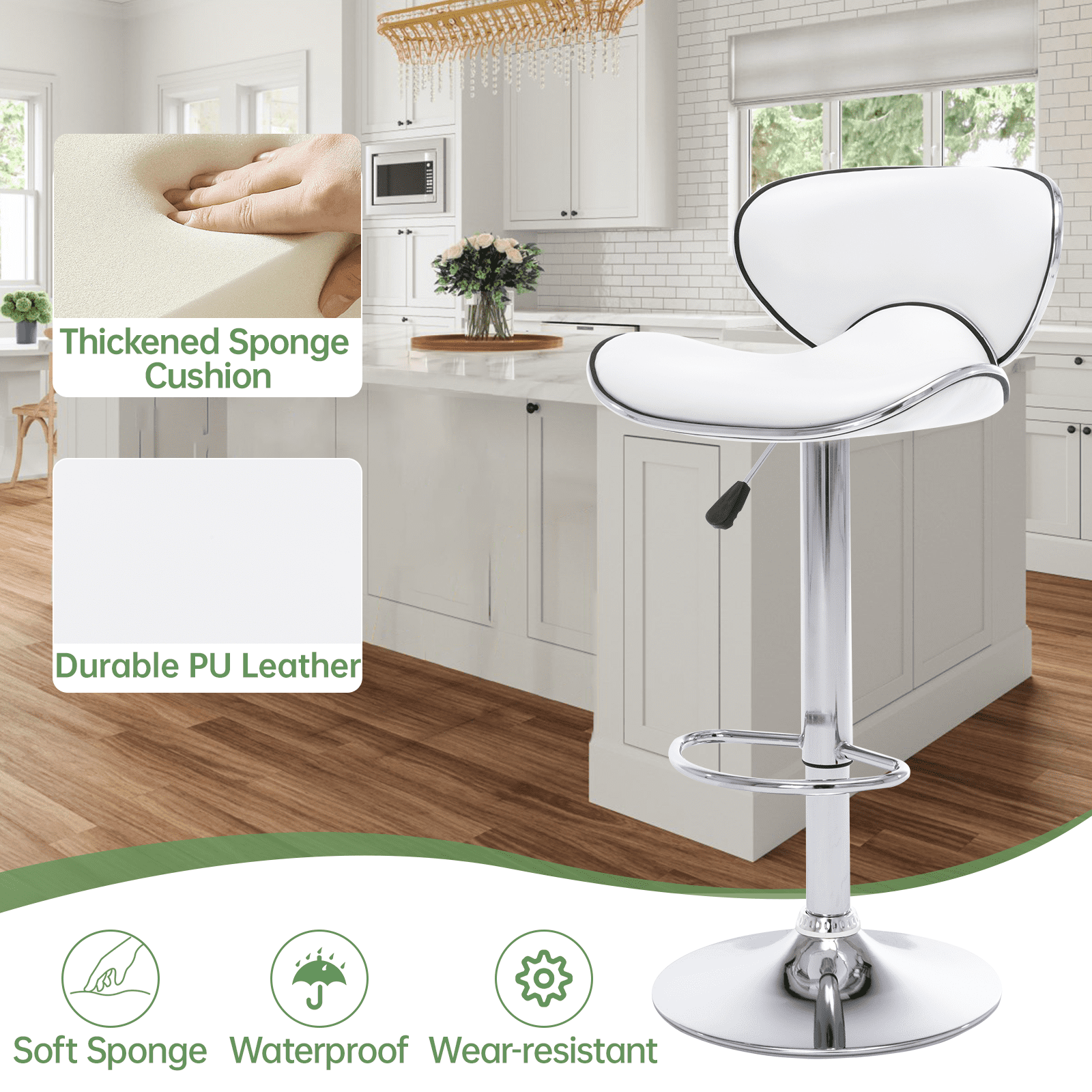 Bar Stools Set of 2, PU Leather Adjustable Swivel Bar Chairs for Kitchen Counter Island, Modern Armless Shell-Shaped Counter Height Stools for Dining Room Café Pub (White)