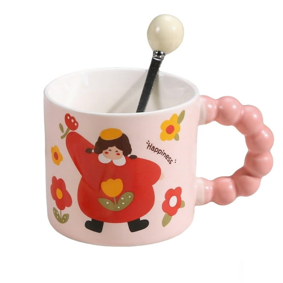 10 OZ Cute Cartoon Ceramic Cup - Pink with Spoon - Breakfast Milk and Coffee Cup for Home Use