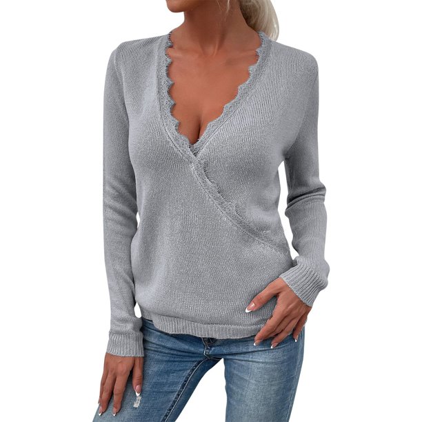 Gibobby Sueter para mujer invierno punto Cárdigan de suéter de encaje con cuello en V suelto de otoño invierno para mujer(Gris,M)