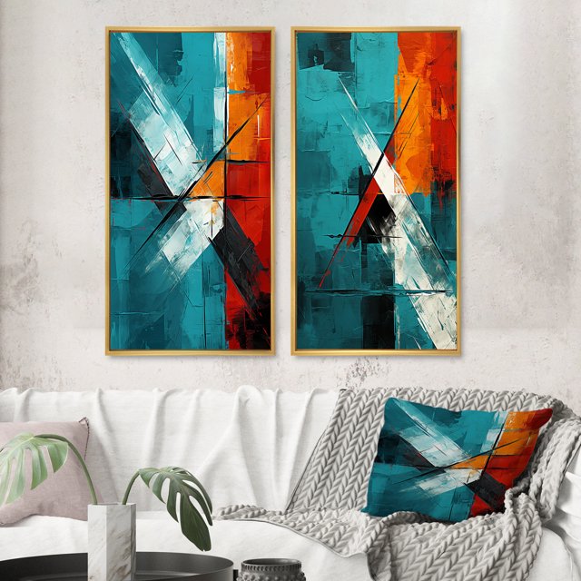 Designart "Ineffable Love Teal Abstract III" Abstract Painting Framed Wall Art Set Of 2 - Modern Red Frame Gallery Set For Office Decor