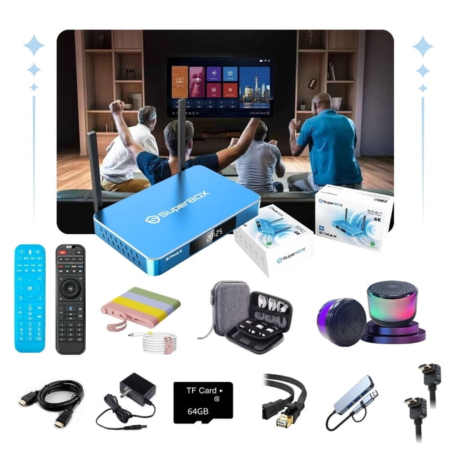 SuperBox S6 Max Boîtier TV Bleu avec 10 Accessoires Incluant Haut-Parleur et Sac de Rangement pour Télécommande