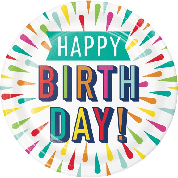 Party Central Club Pack of 96 Blue and White Disposable Happy Birthday Burst Paper Round Party