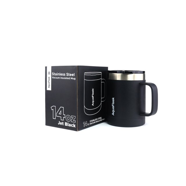 Aquaflask Tasse Isolée avec Poignée et Couvercle, 14 Oz (415 ml), Acier Inoxydable, Sans BPA en Noir Jais. la Tasse Présente une construction durable à Double Paroi en Acier Inoxydable avec Isolation sous Vide, Gardant les Boissons Chaudes jusqu'à 12 Heures Ou Froides jusqu'à 24 Heures. Elle Comprend une Poignée Confortable pour une Prise Facile, un Couvercle Résistant aux Éclaboussures et Va au Lave-Vaisselle. le design compact Convient à la Plupart des Porte-Gobelets de Voiture et Est compatible avec les Glaçons, la Rendant Idéale pour la Maison, le Bureau Ou les Voyages