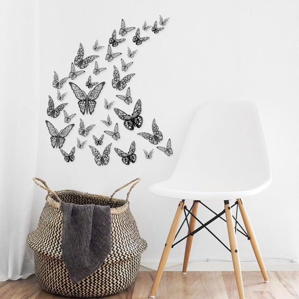 36 unids/set mariposas pegatinas de pared 3D hueco extraíble murales calcomanías de pared apliques niñas DIY nevera para dormitorio Negro Soledad Pegatinas de pared