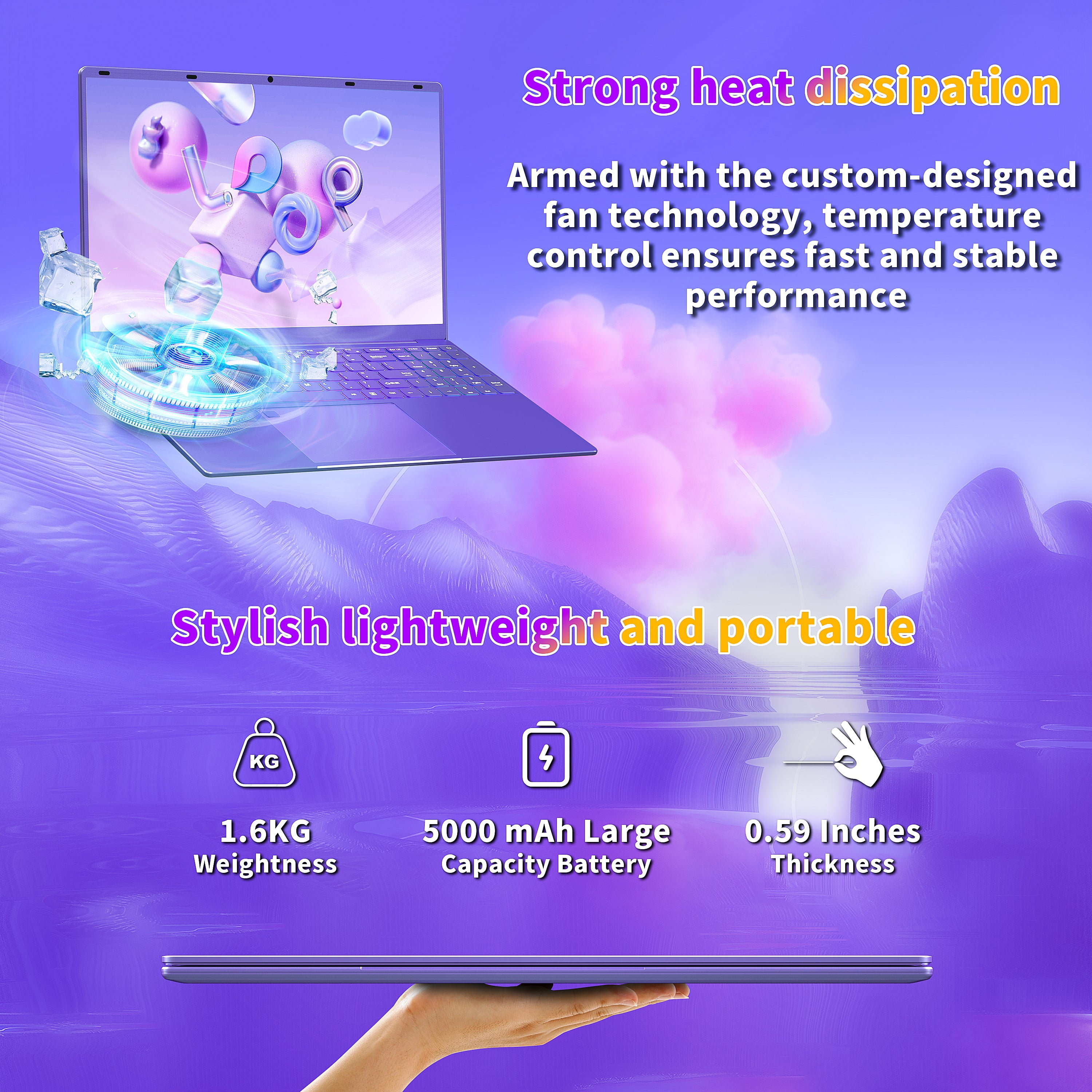 Rumtuk 16 inch Purple Laptop, LPDDR4 16G RAM, 512GB NVMe SSD, 2K FHD IPS, Win 11 Pro/Office 2019, Celeron N95 CPU , Color Backlit KB, Finger Print, USB3.0, WIFI, Gaming PC Notebook for Work Study