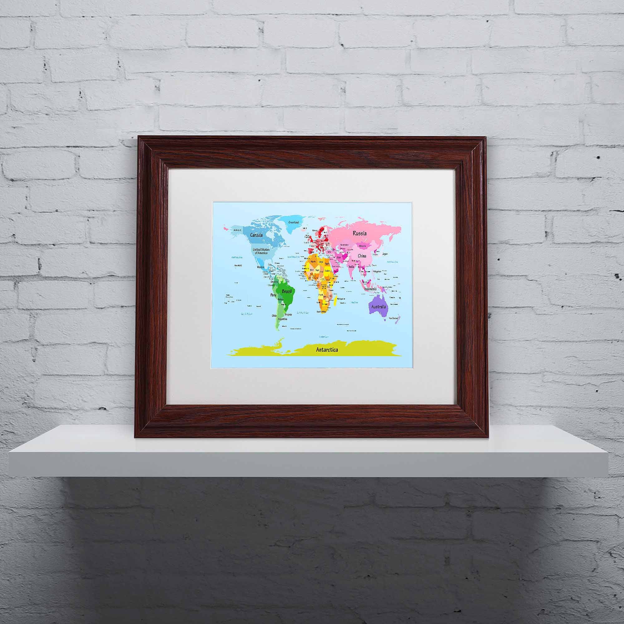 Trademark Fine Art "World Map for Kids" Canvas Art by Michael Tompsett, White Matte, Wood Frame
