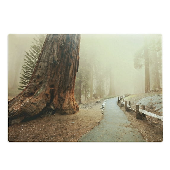 Landscape Cutting Board, Forest with Serene Giant Tree Body in the Foggy Forest Yosemite Mist Woodland Print, Decorative Tempered Glass Cutting and Serving Board, Large Size, Brown, by Ambesonne