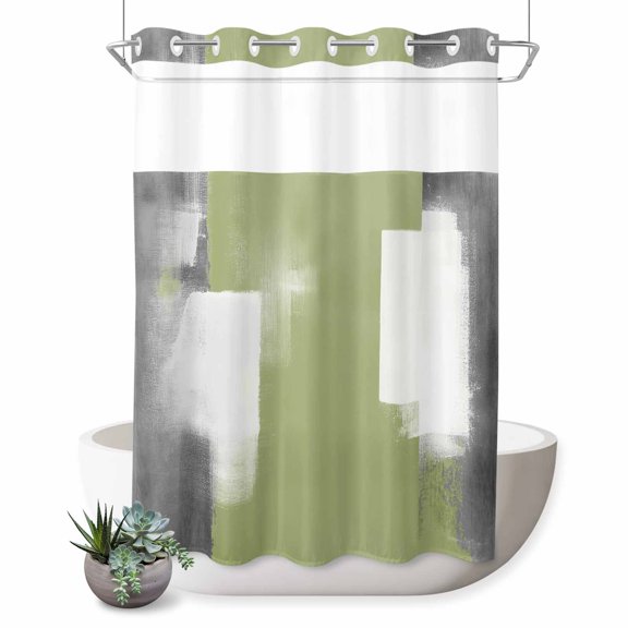 No Hook Shower Curtain, Sage Green Grey Shower Curtains for Bathroom with See Through Top Window, Modern Farmhouse Abstract Color Block Waterproof & Washable Bath Curtain 60"x72"