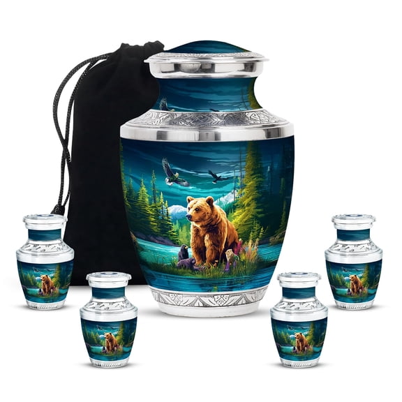 Bear Keepsake Urn for Ashes for Mother & Father, Burial Urns For Human Ash, Funeral And Cremation Urn for Mom and Dad, 10 Inch Large, 3 Inch Small Urns for Family, Blue, set Of 4
