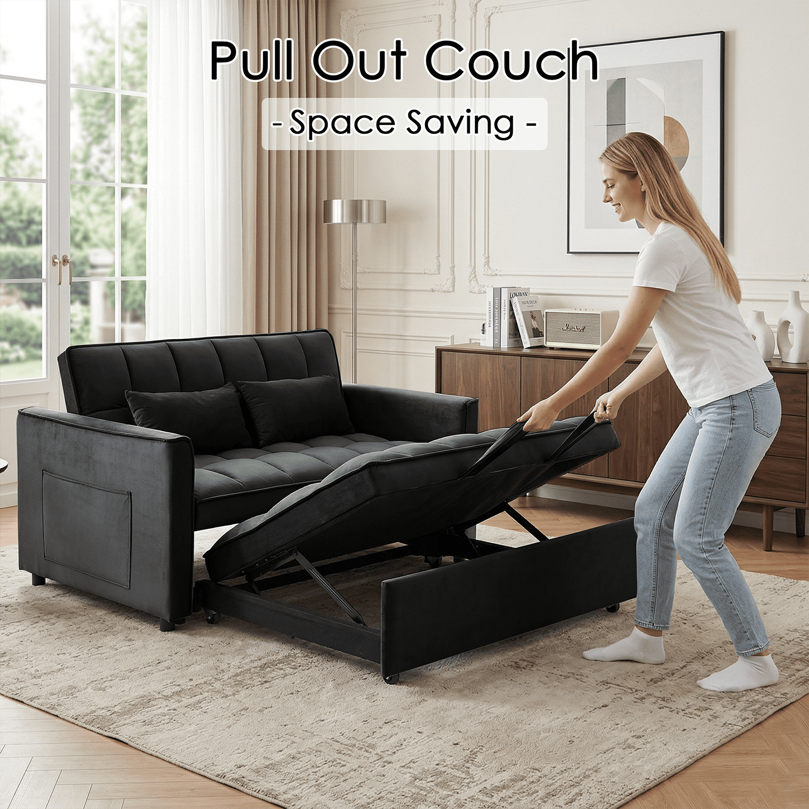 Amuille 3 in 1 Convertible Sleeper Sofa Bed, 54" Velvet Fabric Loveseat, Pull Out Couch for Living Room and Apartment (Black)