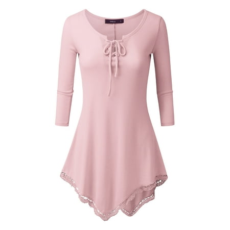 Lace Shift - Doublju Womens 3/5 Sleeve Lace-Up Asymmetrical Tunic Top With Lace Trim