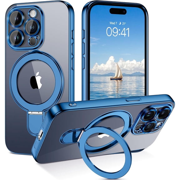 for iPhone 15 Pro Max Case with Stand, Magnetic Clear Cases Invisible Ring Holder Slim Shockproof Protective Kickstand Phone Case for iPhone 15 Pro Max 6.7 inch-Clear/Blue