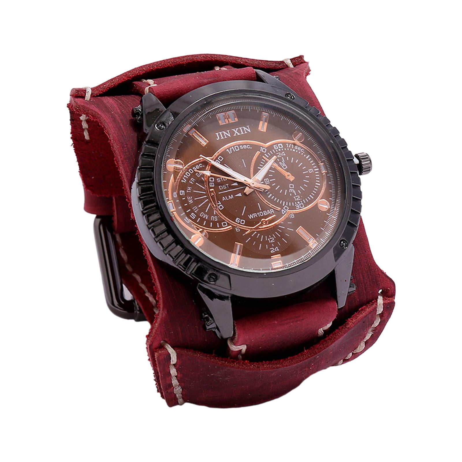 kusrkot Men Wrist Watch Cuff Watch Round Dial Roman Numerals Leather Bracelet Watch Male Red Walmart