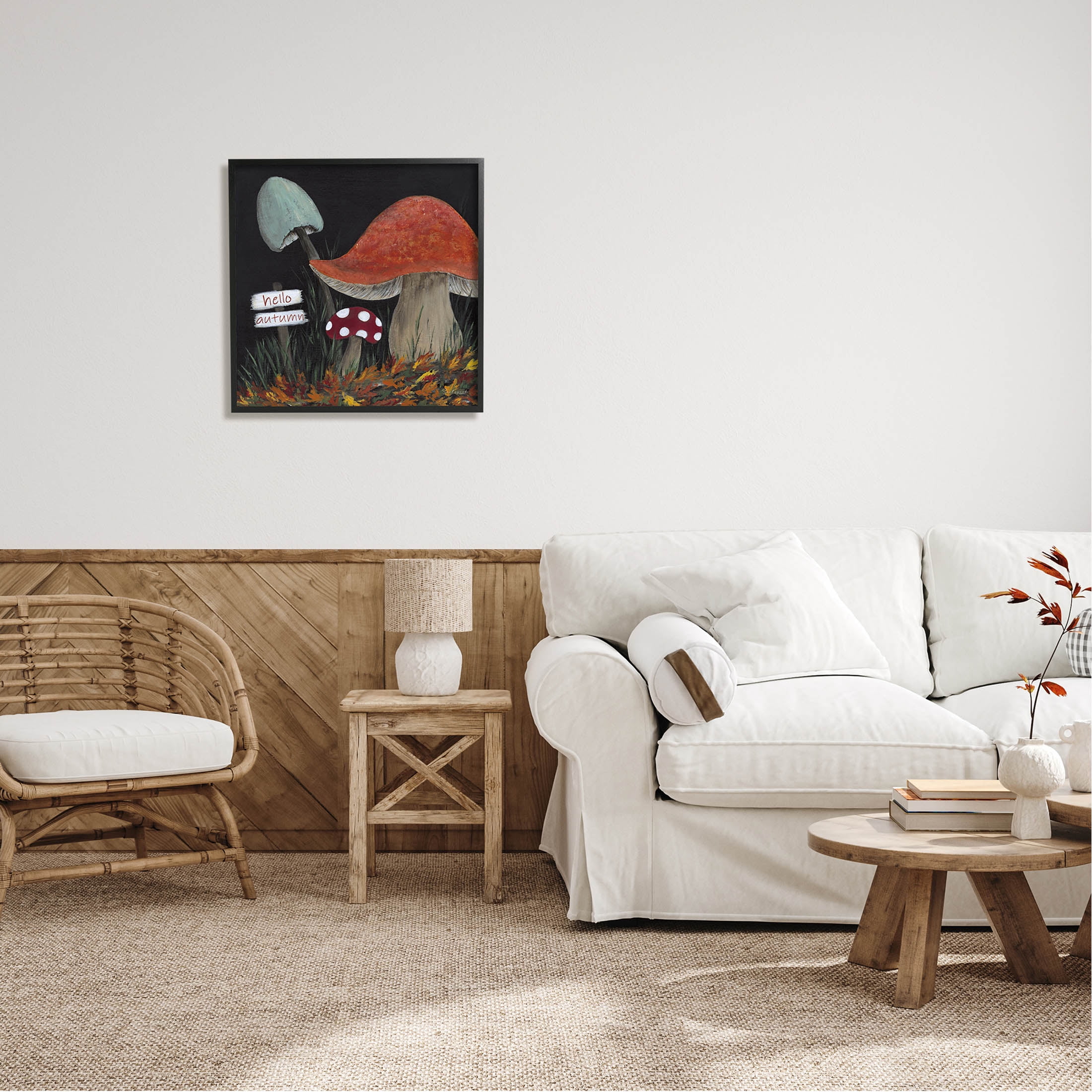 Hello Autumn Woodland Mushroom Forest Botanical & Floral Graphic Art Black Framed Art Print Wall Art