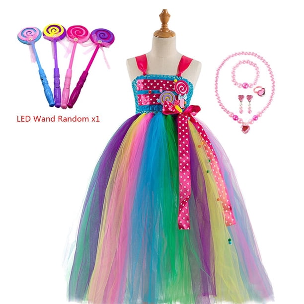 Dulce Arco Iris caramelo tutú vestido para niñas vacaciones cumpleaños fiesta ropa niños flores arco piruleta caramelo Purim disfraz 2-12y10-12Y Gao Jinjia LED