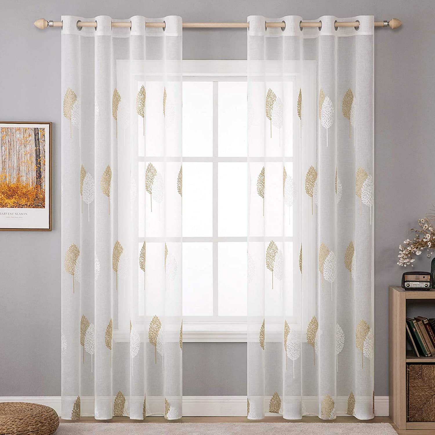 White Sheer Curtains for Living Room Voile Embroidered Birds and Leaf Window 